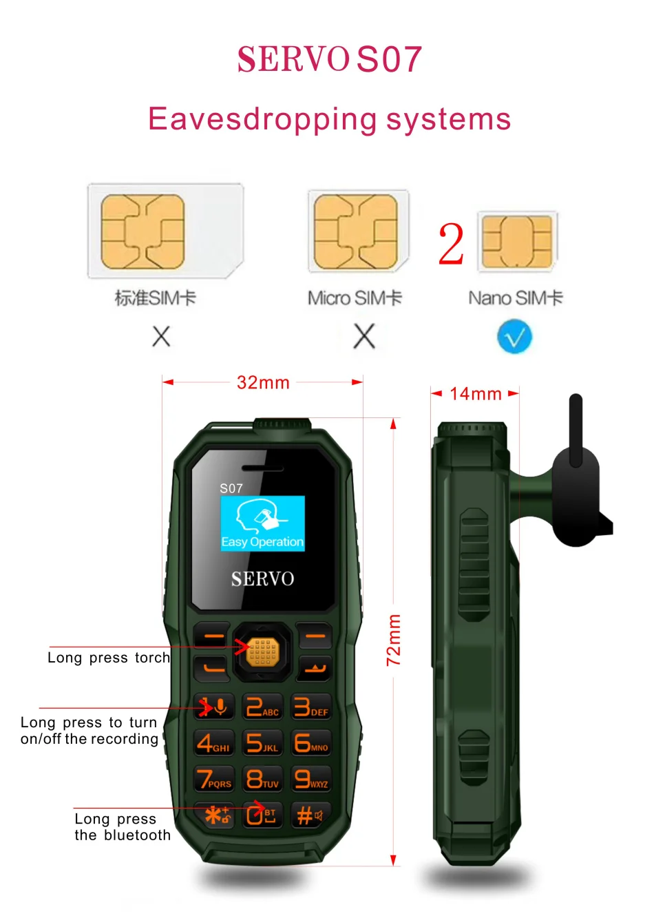 Оригинальный S07 самый маленький мобильный телефон мини Bluetooth Dialer экран GSM низкое