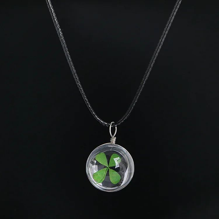 New Trendy Flower Lockets Necklace With Waxed Leather Chain Four Leaf