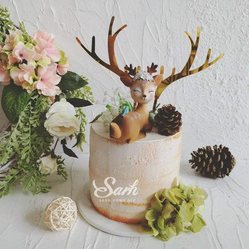 Gold Acrylic Elk Antler Pine Cone Cake Topper Dessert Decoration