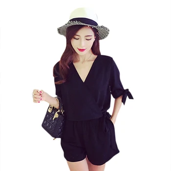 

Summer Women Chiffon Playsuits V-Neck Short Sleeves Solid Color Fashion Rompers Red Black T8