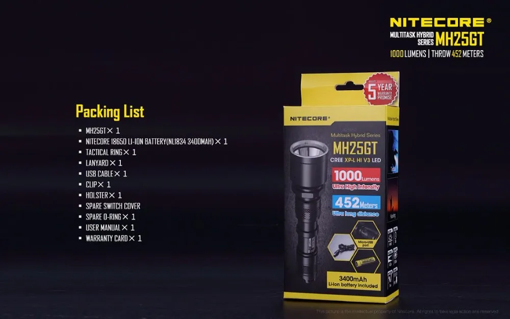 NITECORE MH25GT USB Перезаряжаемый тактический фонарь XP-L HI V3 max 1000 люмен луч бросок 452 м открытый свет спортивный факел