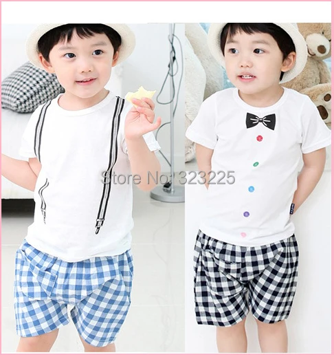 Retail 2014 summer new cotton Boys plaid strap Leisure suit Children's short-sleeved Free shipping | Тематическая одежда и