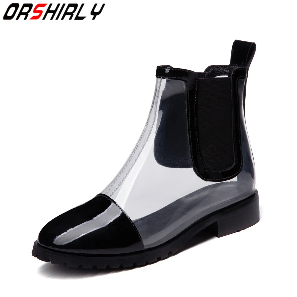 

Orshirly patent leather&PVC women ankle boots pointed toe rainboots casual plus size 34-46 handmade for ladies hot sale