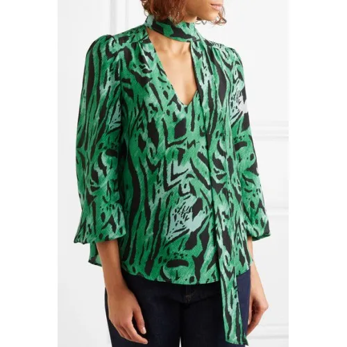 

Women Shirt 2019 New Green Zebra Print Lantern Sleeve Ribbon Silk Shirt