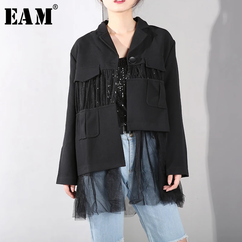 

[EAM] 2019 New Spring Lapel Long Sleeve Black Mesh Irregular Split Joint Hollow Out Loose Woolen Coat Women Parkas Fashion JO375