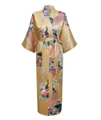 Плюс размер XXXL китайский женский длинный халат с цветочным принтом Павлин кимоно купальный халат невесты халаты для невесты сексуальное ночное белье - Цвет: yellow