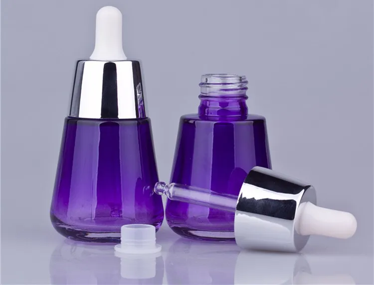 Frascos de Óleo de Vidro Garrafas de Vidro Tampa de Embalagens de Cosméticos para Venda Roxo Luxo 1 Onça Conta-gotas Prata 50 Pcs 30 ml 3 Garrafas reutilizáveis