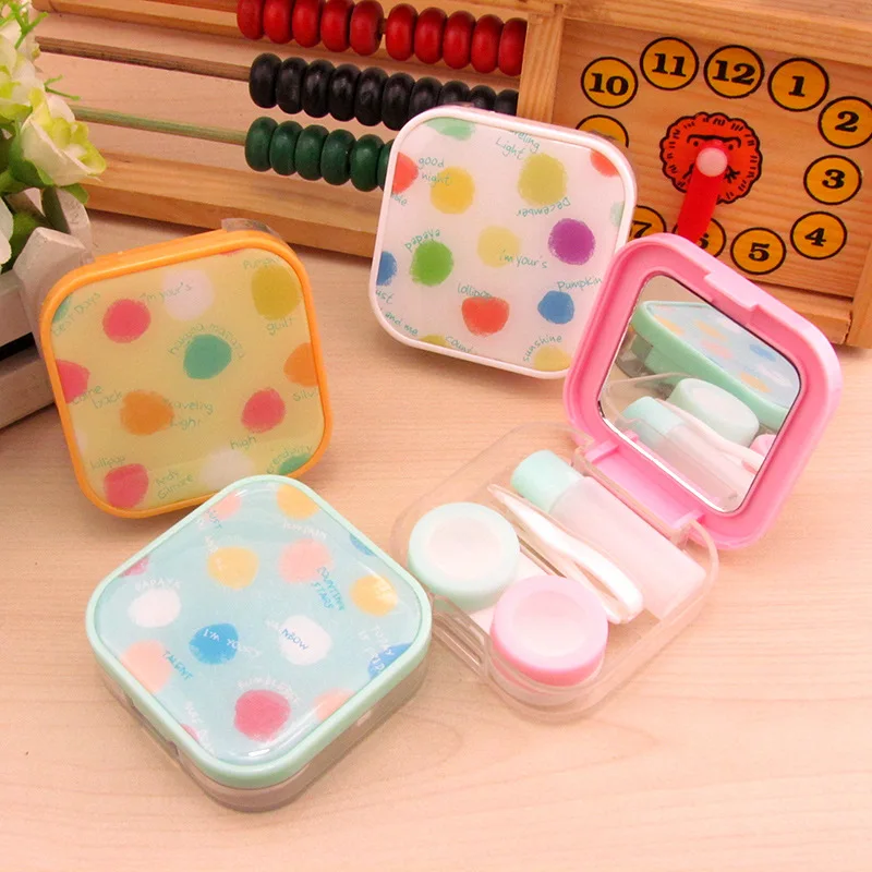 

5pcs New style lovely beautiful Girl's heart fashion Candy color dot pattern contact lens case square Nursing box Color random