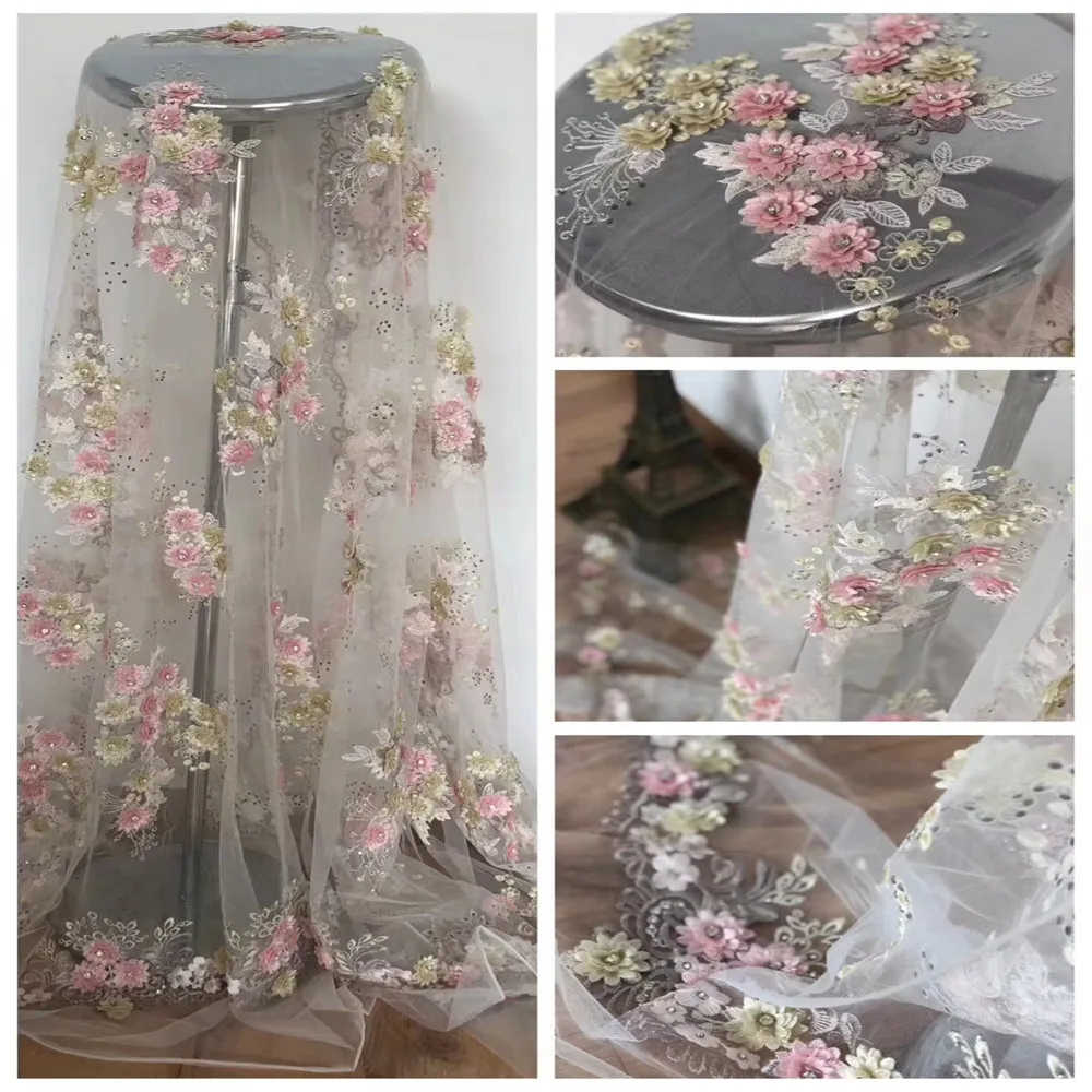 

Europe And America Fashion African French 3d Flower Embroidery Tulle Evening Dress Lace Fabric X419-01