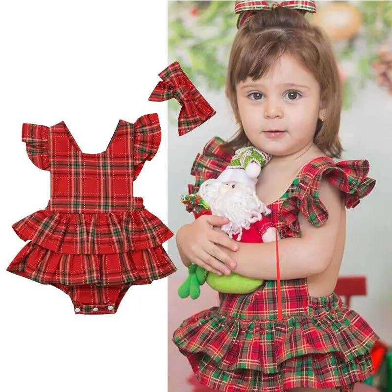 Одежда для маленьких девочек, клетчатое многослойное рождественское платье принцессы, повязка на голову, комплект из 2 шт., комбинезон Fuerjia