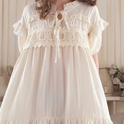 Ночная рубашка женская винтажная Пижама летняя кружевная хлопковая ночная рубашка Сладкая принцесса одежда для сна длинное платье Новинка - Цвет: Бежевый