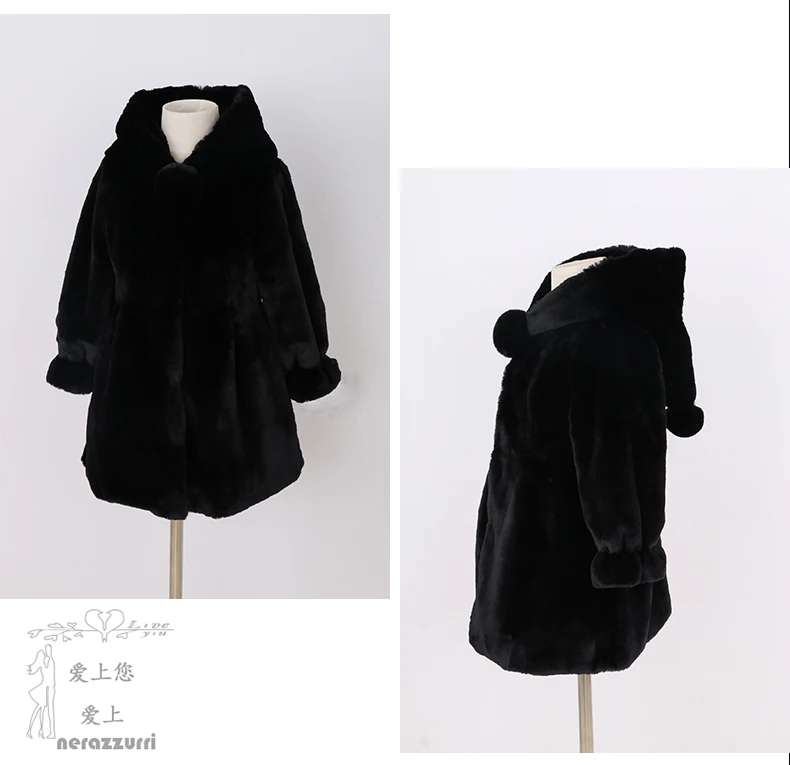 Nerazzurri/Детские пальто из искусственного меха с капюшоном и длинными рукавами, детская куртка Kawaii с искусственным Кроликом, милая плотная теплая верхняя одежда, меховая одежда для девочек