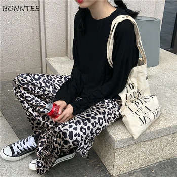 

Pants Women Retro Leopard Simple All-match Loose Korean Style Trendy Womens High Waist Long Trousers Female Straight Female Chic