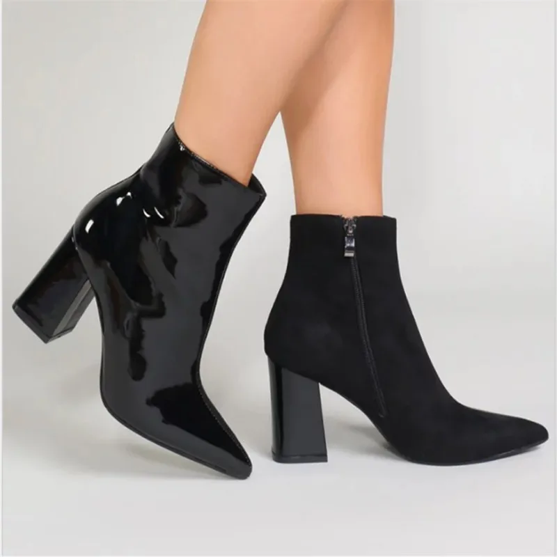 MORAZORA/ г.; ботильоны для женщин с острым носком; Осенняя обувь на высоком каблуке; модные женские ботинки смешанных цветов; большие размеры 35-43 - Цвет: Черный