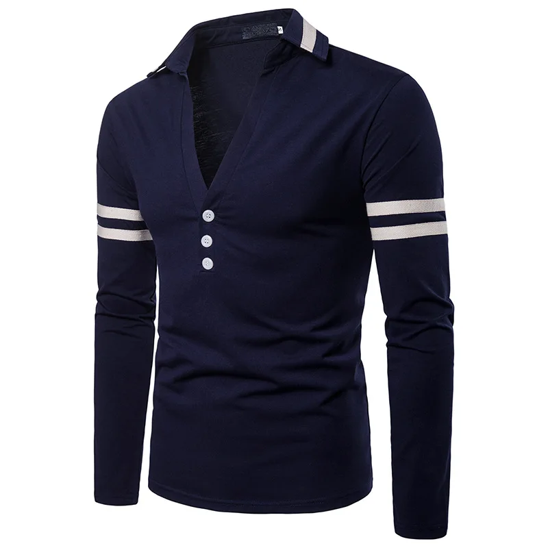 Solid V-Neck Men's Long Sleeve Polo Shirt Autumn Casual Sporting Shirt Tops Fashion Men Clothing Slim Fit Polos EU Size - Цвет: Navy Blue EL102