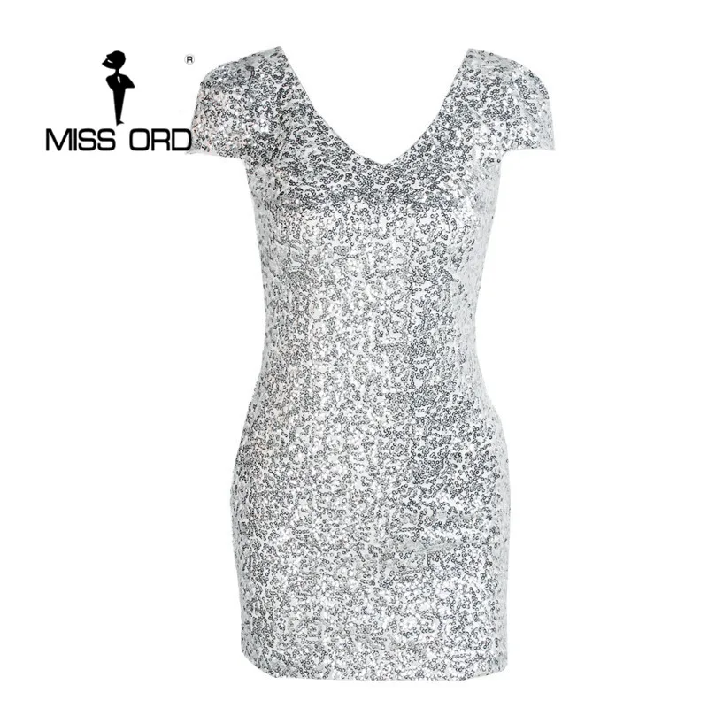 

Free shIpping 2019 Silver sequined dress sexy deep V party dress FT1788