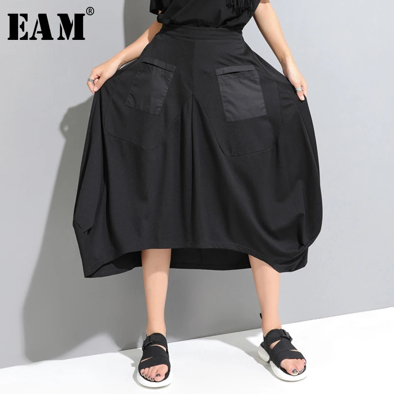 [EAM] New Spring Summer High Elastic Waist Black Pocket Split Joint Loose Irregular Half-body Skirt Women Fashion JW888