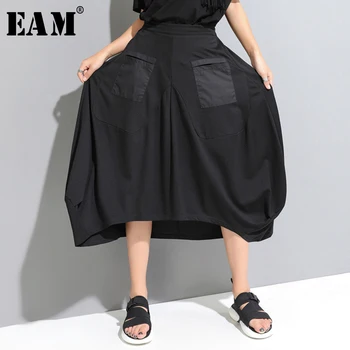 

[EAM] 2020 New Spring Summer High Elastic Waist Black Pocket Split Joint Loose Irregular Half-body Skirt Women Fashion JW888