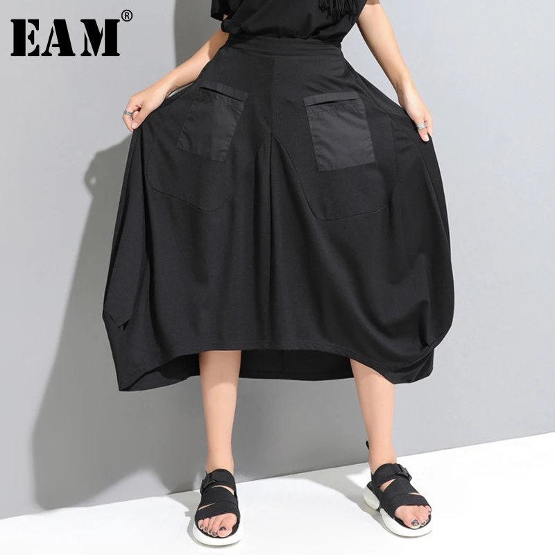 

[EAM] 2019 New Spring Summer High Elastic Waist Black Pocket Split Joint Loose Irregular Half-body Skirt Women Fashion JW888
