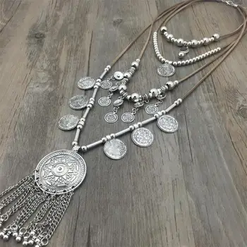 2018 New Arrived Handmade India Silver Coin Pendants Long String Leather necklaces Ethnic Jewelry for Woman party Gift