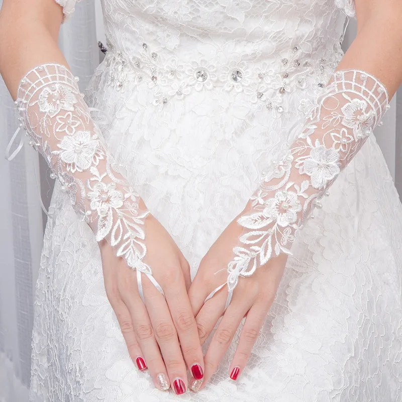 Жемчужная аппликация короткий параграф белый элегантный кружевной свадебный для невесты перчатки без пальцев кружева свадебные перчатки аксессуары