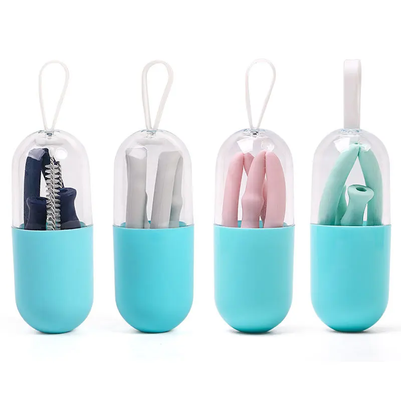 

Collapsible Silicone Straw Reusable Folding Drinking Straw with Carrying Case and Cleaning Brush for Travel, Home, Office Drinks