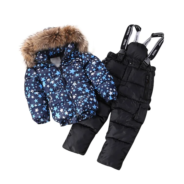 Best price at $103 Cheap TheWinter And Foreign Children Baby White Duck Down Deep Blue Feather Boys And Girls Clothes In Ski Suit Large Fur Collar Suit