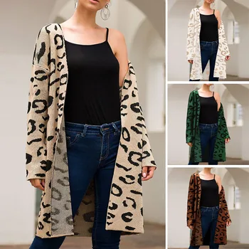 

Women Leopard Cardigan Sweater Long Sleeve V-neck Cardigan Casual Loose Long Coat IK88