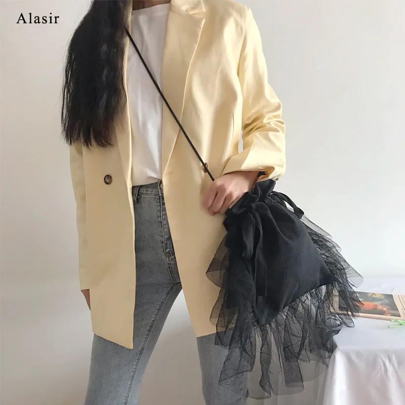 cheap ALasir Black Yarn Patchwork Canvas Bag Original Design Casual Dark Style Shoulder Bag Women Ruffles Messenger Drawstring Bags