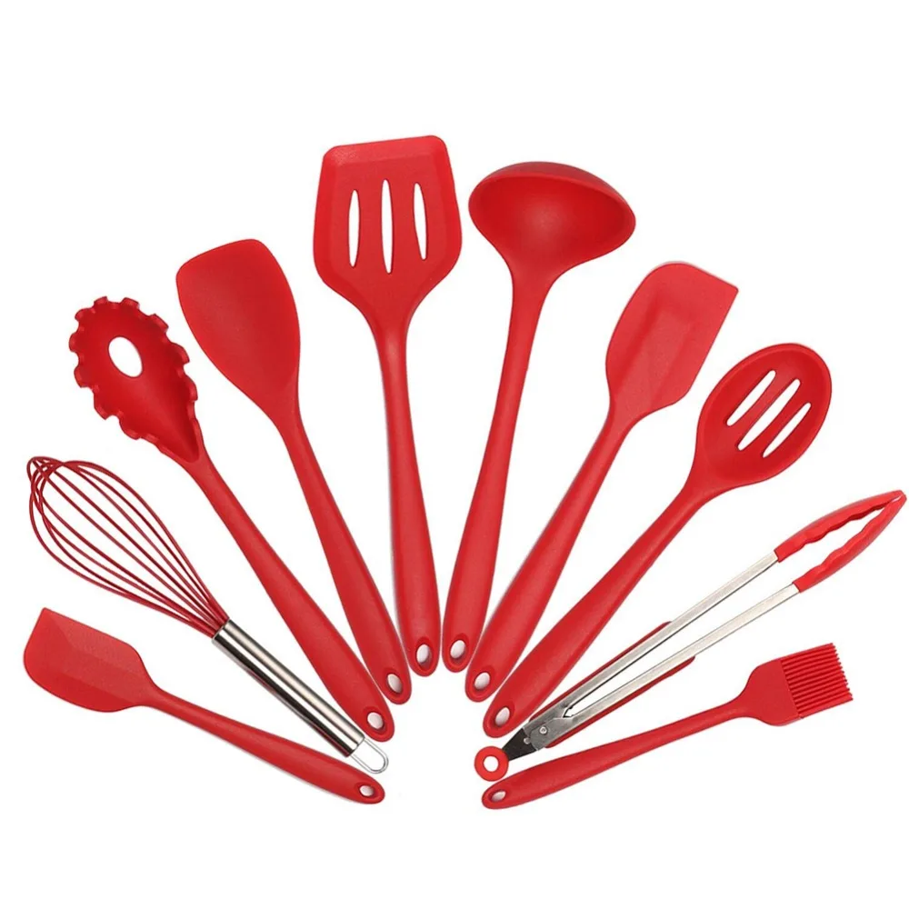 

10Pcs/Set Kitchen Utensils Set Cookware Tool Silicone Cooking Utensil Non-stick Spatula Ladle Slotted Spoon Tongs Pasta Fork