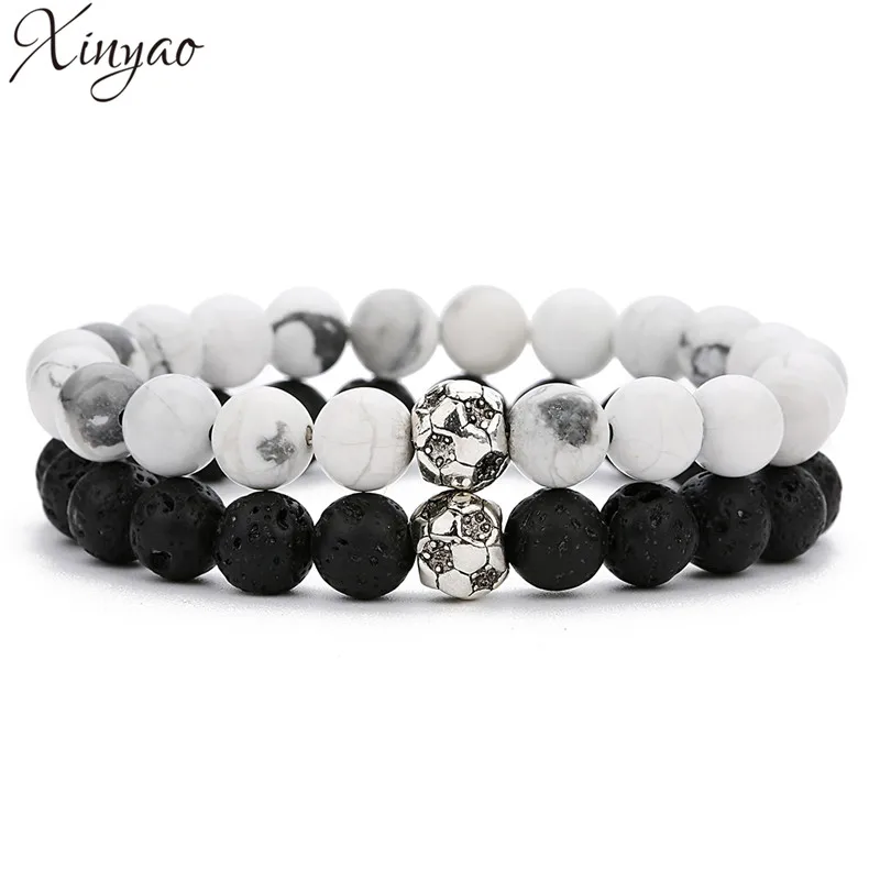 

XinYao 19cm Natural Lava Stone Beads Bracelets Ying Yang Bracelets with Alloy Football Bead Elastic Bracelets for Jewelrys