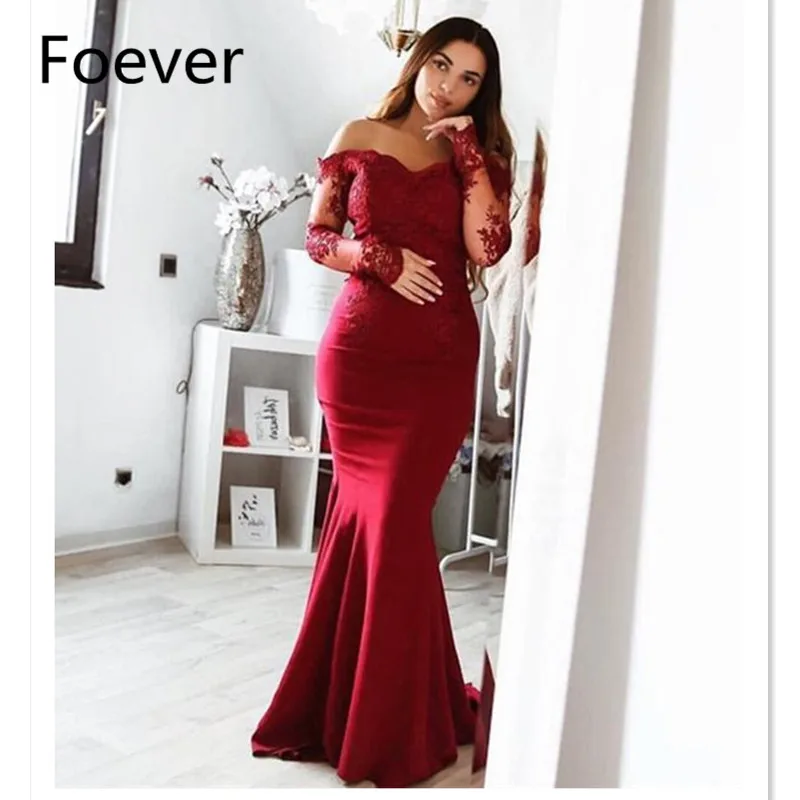 Burgundy Mermaid Evening Dresses Long Sleeve 2019 vestido de festa longo Applique Lace Formal Women Pageant Gowns Party Dress Burgundy Mermaid Evening Dresses Long Sleeve 2019 vestido de festa longo Applique Lace Formal Women Pageant Gowns Party Dress