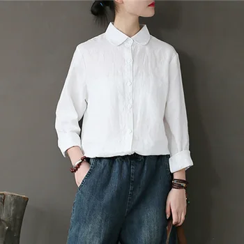 

SCUWLINEN Women Tops 2020 NEW Casual Blouse Women Solid Long-sleeve Loose All-match 100% Linen Shirt Cardigan X01805