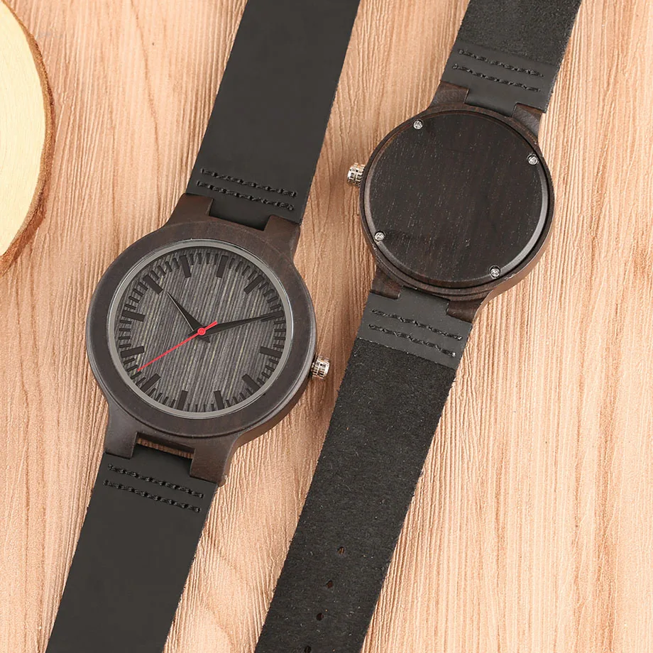 Minimalist Sandal Wood Watch for Couple Brand Design Black Real Leather RedBlack Second Hand Quartz Bracelet Sweetheart Gift  (13)
