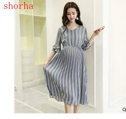 

Maternity coat Striped Chiffon Maternity Long Dresses V Neck Slim Waist Charming Clothes for Pregnant Women Elegant Pregnancy