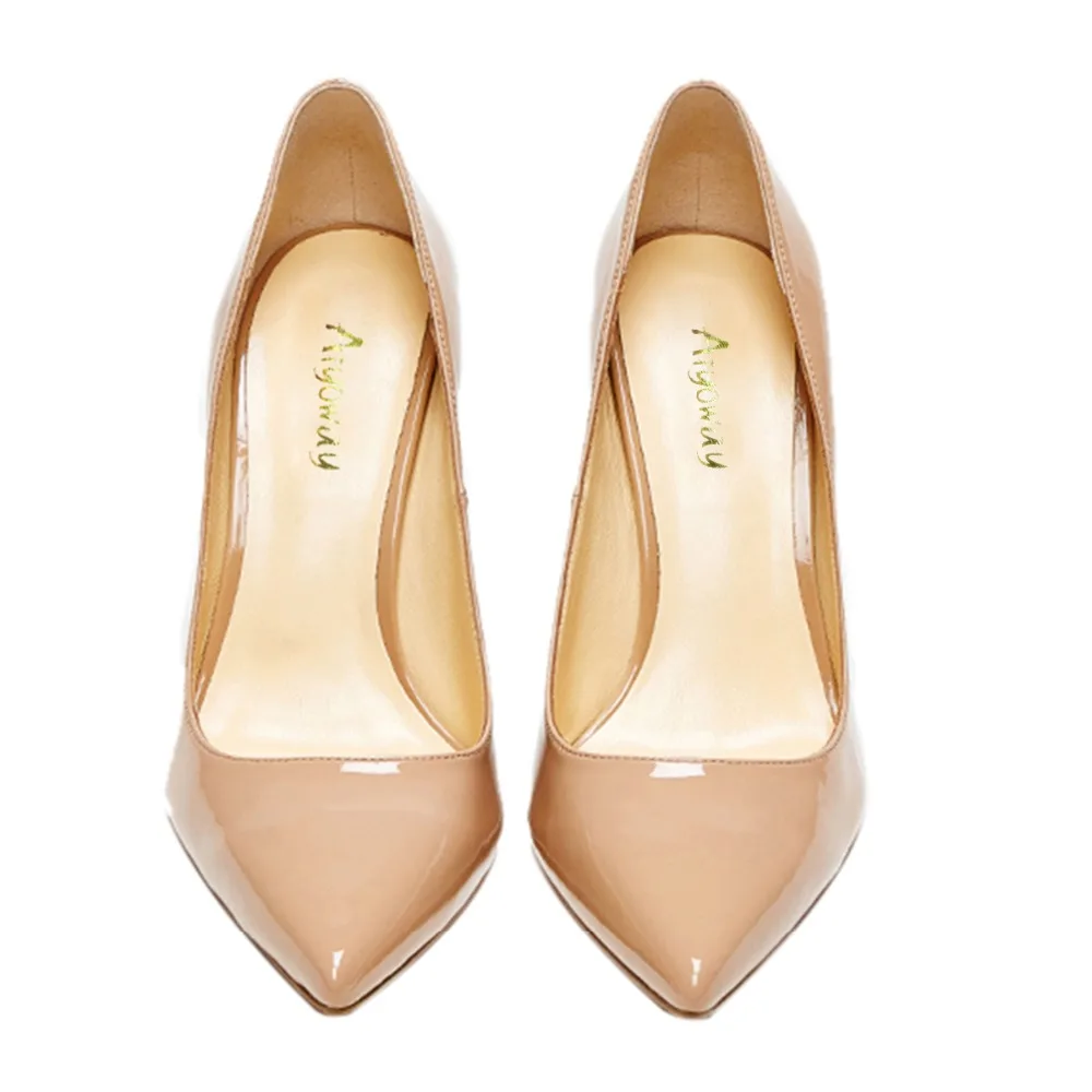 Aiyoway Women Shoes Pointed Toe Square High Heels Nude Patent Leather Slip-On Sexy Ladies Party Work & Career Shoes 2019