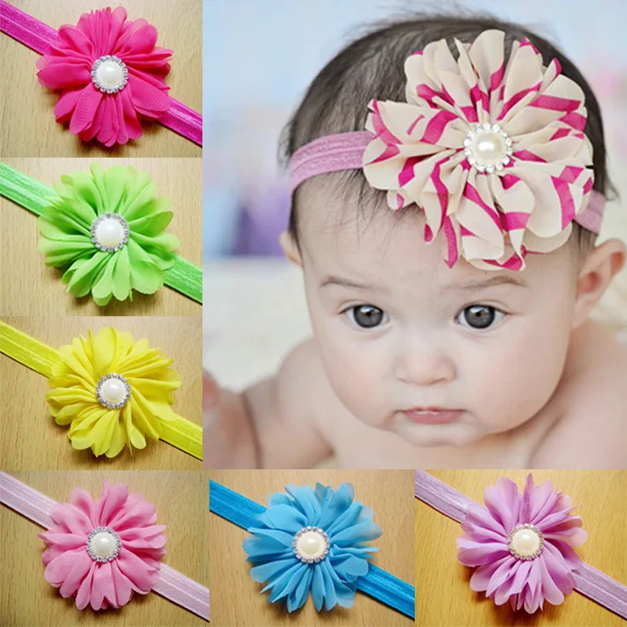 30pcs/Lot Wholesale Children Headbands Pearl Chiffon Flowers Fabric