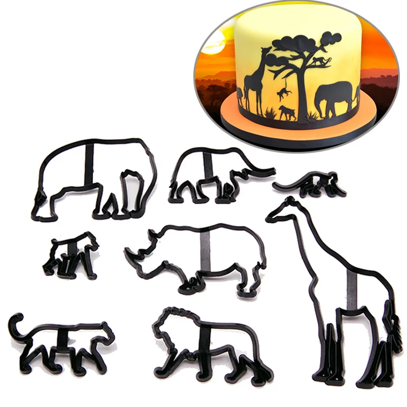 

8PCS Plastic Animal Cookie Cutter Safari Silhouette Cake Mold Elephant Lion Giraffe Leopard Fondant Cutter Cake Decorating Tools