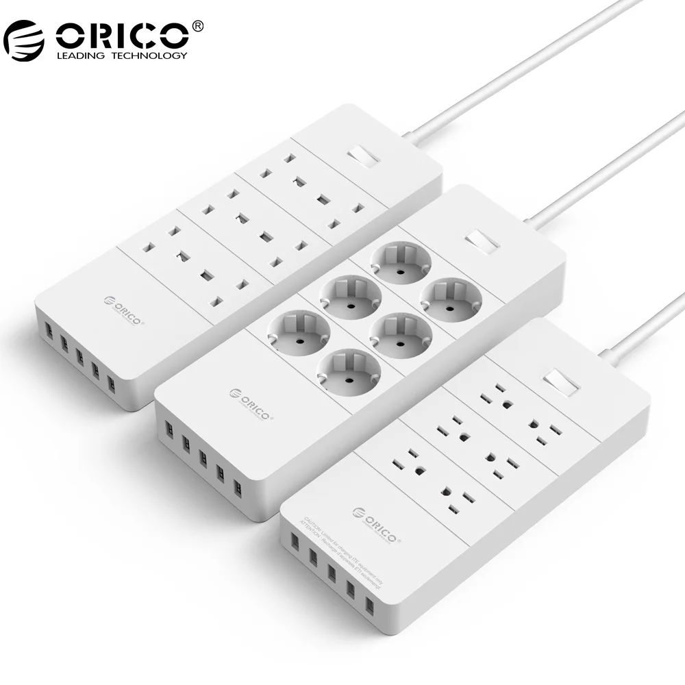 ORICO power Strip EU US UK Plug 6 Outlet сетевой фильтр EU power Strip с 5x2. 4A USB Супер зарядными портами-белый(HPC-V1 - Цвет: Белый