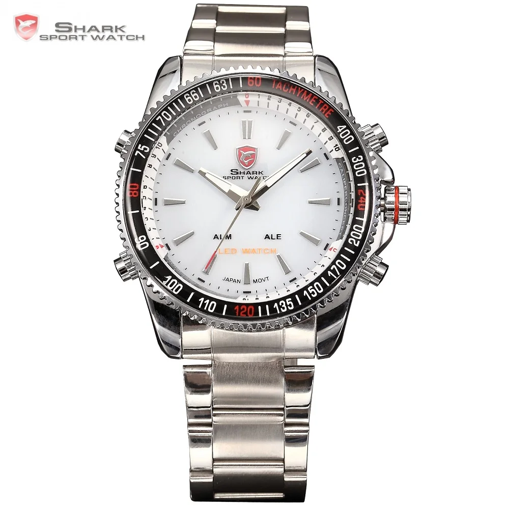 Mako SHARK Sport Watch Mens Silver White Double Time Alarm Date Digital Steel Watches 3 ATM