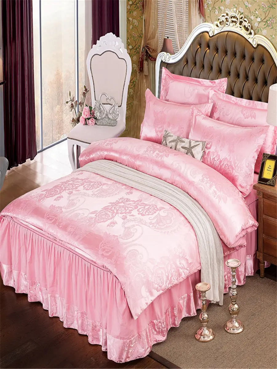 

4 Pcs Bed Skirt Set European Style Solid Jacquard Supple Silky Duvet Cover Set