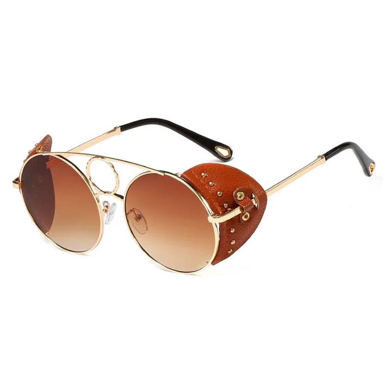SIMPRECT круглые стимпанк Солнцезащитные очки для женщин и мужчин модные готические панк черные кожаные Солнцезащитные очки Ретро винтажные брендовые солнцезащитные очки - Цвет линз: Gold-Gradient Tea