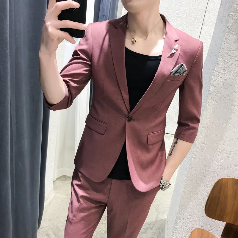 مخصص اثنين دعوى الرجال وسيم الصيف رقيقة بأكمام قصيرة بدلة Chaohan النسخة من الجسم إصلاح البريطانية