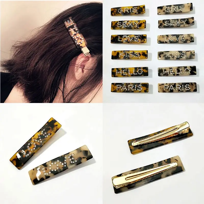 

Korean Vintage Leopard Acetate Rectangle Hairpins Womens Glitter Rhinestone Word Letters Metal Alloy Duckbill Hair Clip Barrette