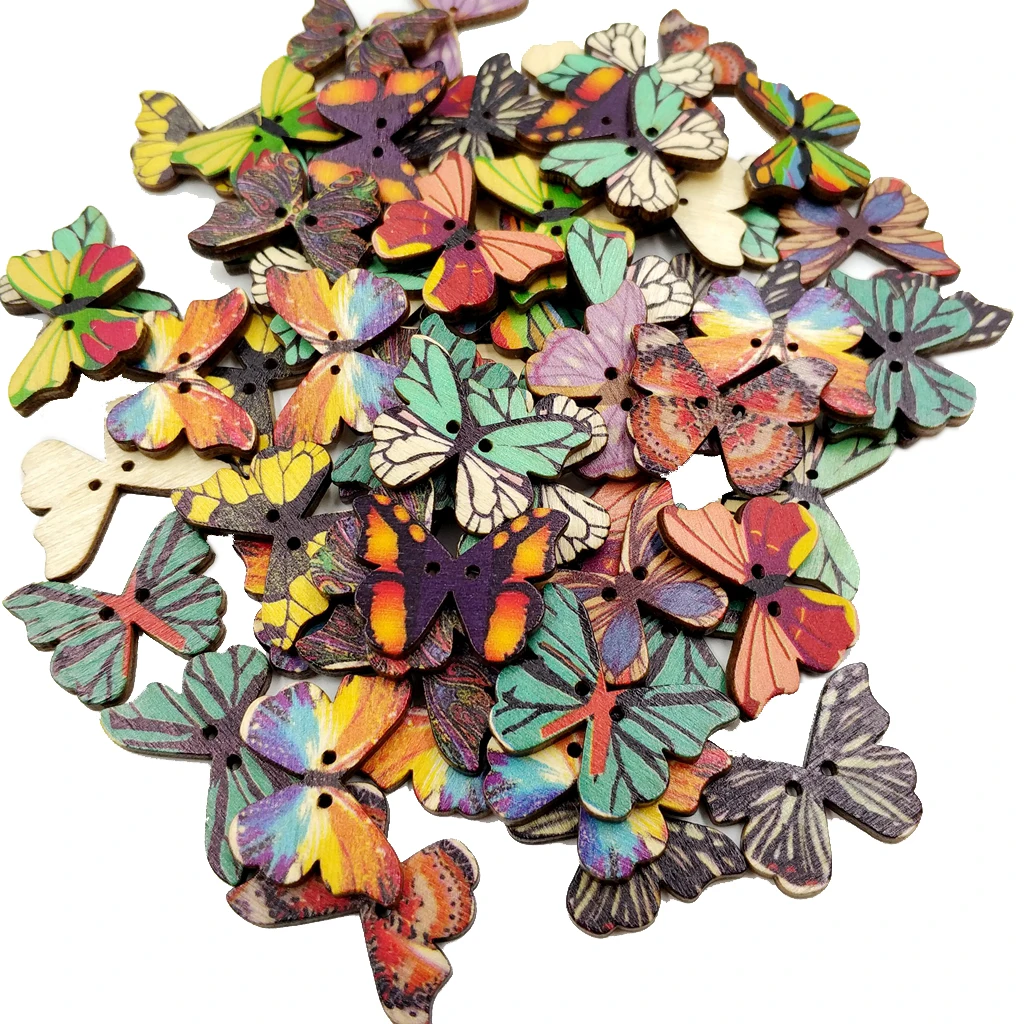 50pcs Vintage Wood Buttons 2 Holes Butterfly Buttons for Sewing Scrapbooking