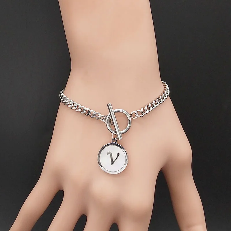 

Punk Letter v Shell Stainless Steel Bracelet for Women Silver Color Chain Bracelet Jewelry pulceras para mujer moda 2019 B18414