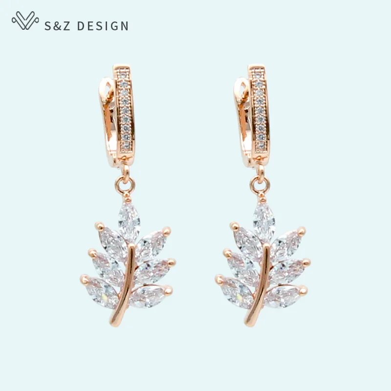 

S&Z 2019 New Leaf Micro Wax Inlay Zircon Dangle Earrings 585 Rose Gold Japanese/Korean Forr Women Wedding Party Fashion Jewelry