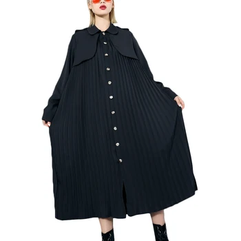 

2019 Spring Women Long Trench Coat Female Casual Pleated Coat Ladies Solid Loose Windbreakers Womens Overcoat Coat Black LP378