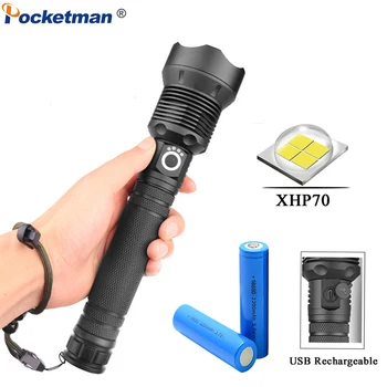 

Powerful LED Flashlight Torch USB Rechargeable Flashlight XHP70 40W Zoomable Tactical defense flashligh For Camping