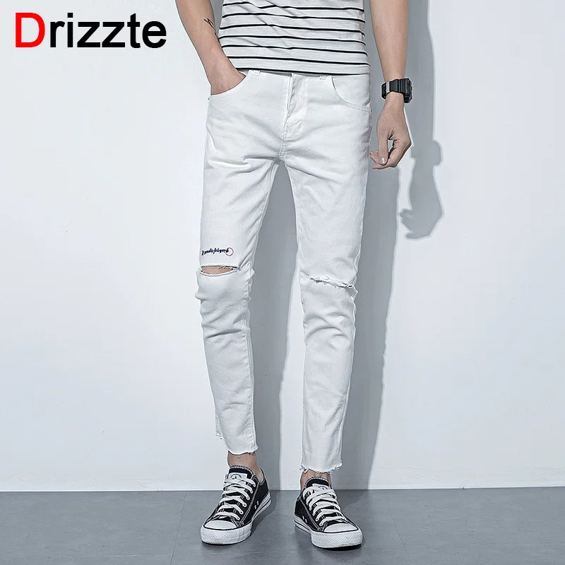 Drizzte Mens White Denim Ankle Jeans Stretch Black Ripped Skinny Jeans Distressed UK Korea Style